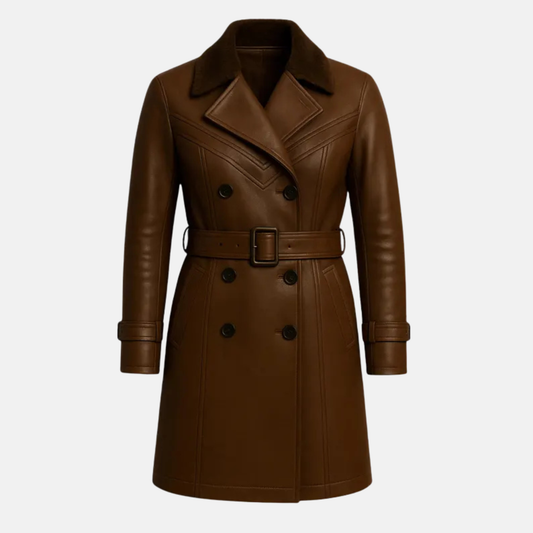 Women’s Leather Trench Coat Double Breasted Long Coat Handmade Belted Winter Jacket