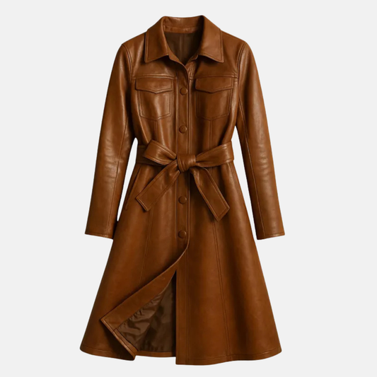 Women’s Belted Leather Coat Handmade Long Trench Classic Button-Up Winter Jacket
