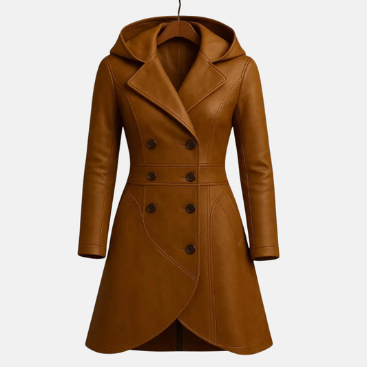 Womens Brown Genuine Leather Trench Coat: Hooded Winter Outerwear