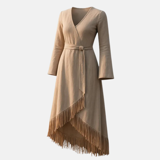 Handmade Fringe Wrap Dress: Western Boho Leather-Look Wool Blend