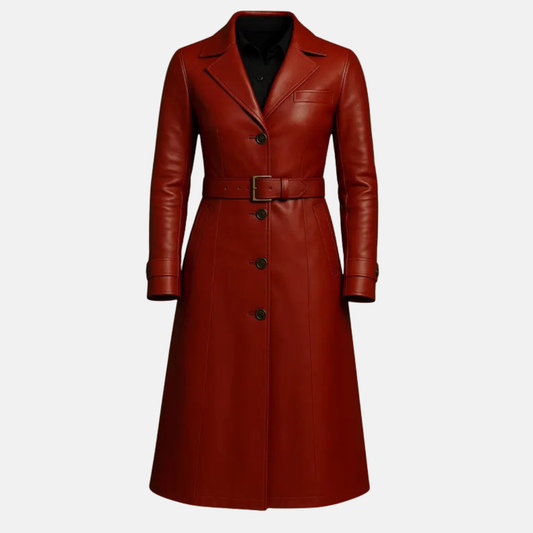 Handmade Red Leather Trench Coat: Full Length Genuine Leather Belted Jacket