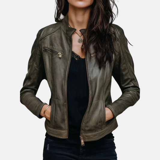Women’s Genuine Lambskin Leather Jacket Dark Olive Moto Style Biker Jacket