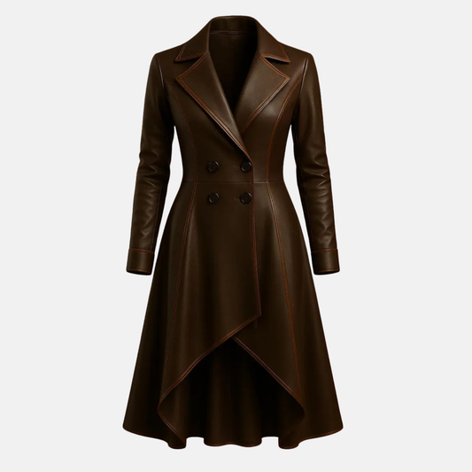 Handmade Brown Genuine Leather Trench Coat Dress: Elegant Long Coat