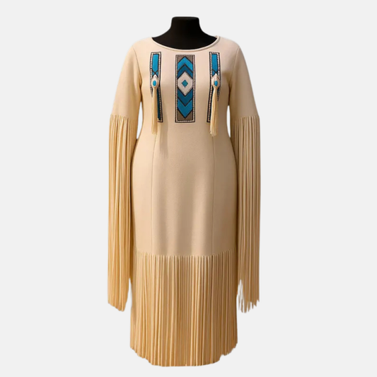 Handmade Women’s Native Style Fringe Dress Beige Western Midi Dress with Beaded Design