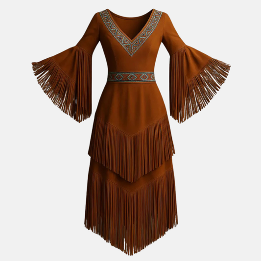 Handmade Western Suede Fringe Dress for Women Boho Cowgirl Maxi Dress with Southwestern Embroidery & V-Neck Design