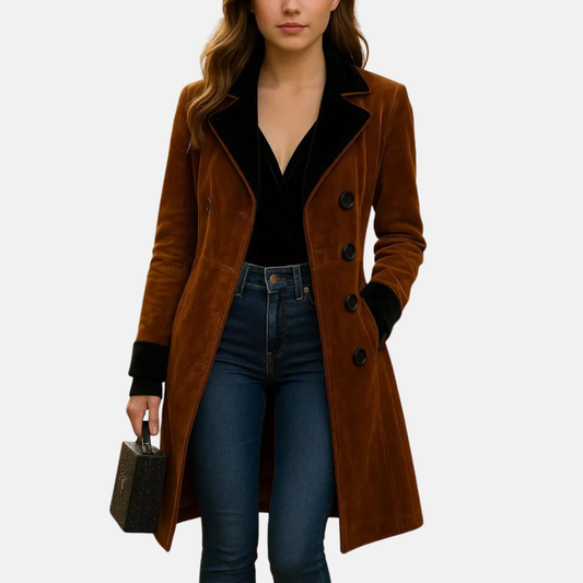Women’s Brown Suede Trench Coat Elegant Long Overcoat with Black Lapel & Double Breasted Buttons
