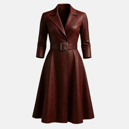 Handmade Leather Trench Coat Dress: Vintage Belted A-Line Midi