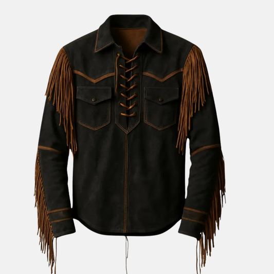 Men’s Western Fringe Jacket Cowboy Lace-Up Suede Style Vintage Rodeo Leather Shirt
