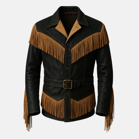 Men’s Western Fringe Jacket Handmade Leather Cowboy Coat Vintage Belted Rodeo Style
