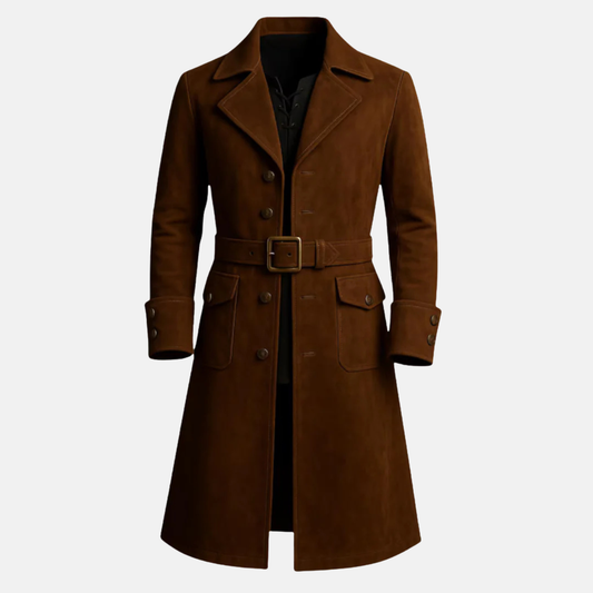 Men's Handmade Brown Suede Leather Trench Coat: Vintage Belted Winter Outerwear