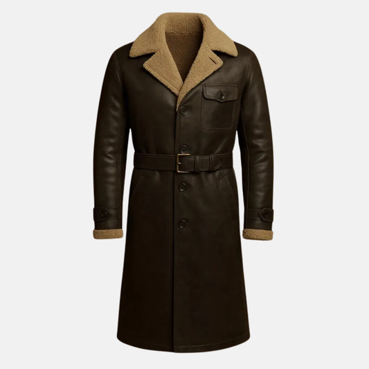 Men’s Brown Shearling Genuine Leather Trench Coat - Handmade Belted Winter Outerwear