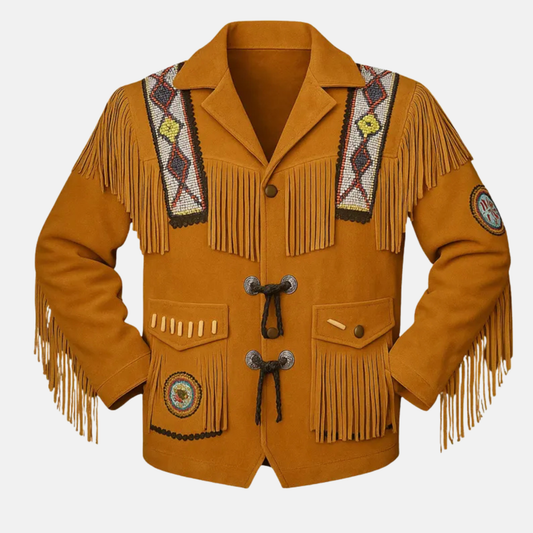 Men’s Western Suede Fringe Jacket Handmade Cowboy Leather Coat Beaded Native Style