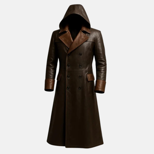 Handmade Two-Tone Brown Leather Trench Coat - Men's Gothic Hooded Overcoat