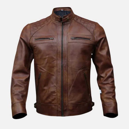 Brown Cowhide Leather Biker Jacket – Vintage Cafe Racer Style