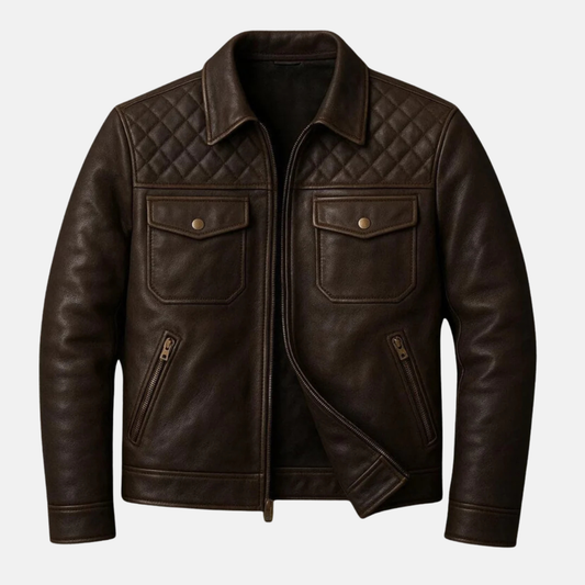 Men’s Brown Quilted Leather Jacket Classic Biker Style Vintage Moto Jacket