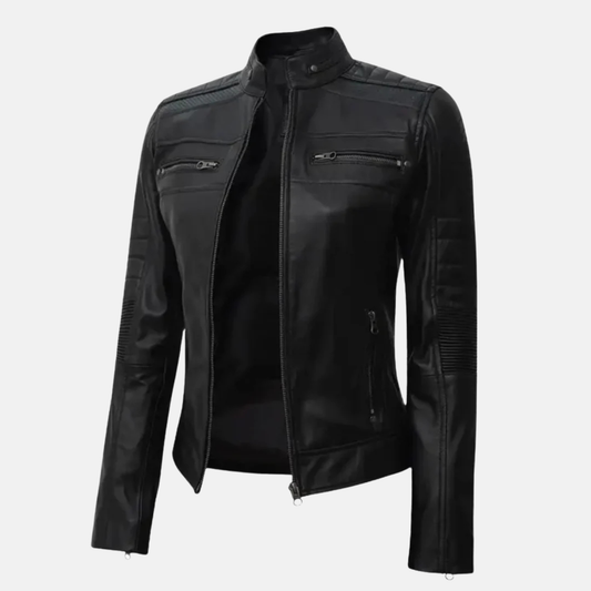 Women's Black Lambskin Leather Cafe Racer Jacket: Handmade Biker Style