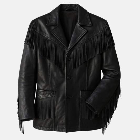 Handmade Mens Western Jacket, Vintage Cowboy Leather Fringe Coat in Classic Black Cowboy Style