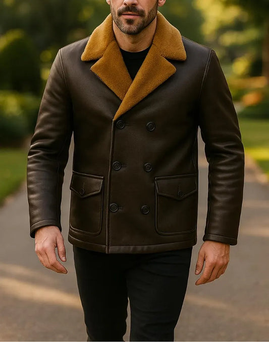 Men’s Brown Shearling Jacket Real Leather Winter Coat Warm Fur Lined Jacket
