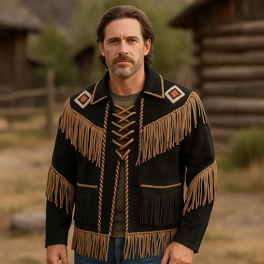 Men’s Western Fringe Jacket Cowboy Beaded Style Vintage Rodeo Leather Coat