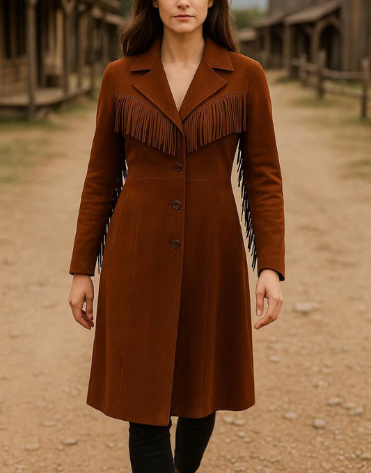 Women’s Western Suede Fringe Coat Long Cowboy Jacket Vintage Brown Leather Style