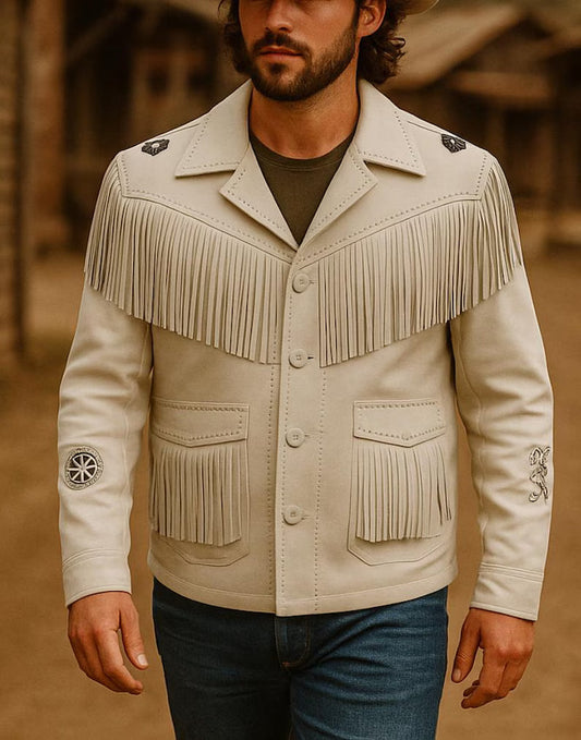 Men’s White Fringe Jacket Western Leather Cowboy Coat Vintage Rodeo Style