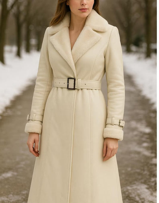 Vintage 90s White Leather Trench Coat: Fur Lined Military Style