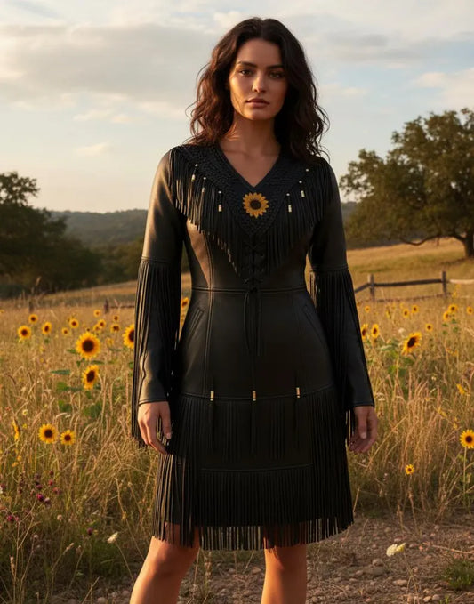 Handmade Leather Wedding Dress Women’s Long Fringe Gown, Western Style Native Powwow Regalia Maxi