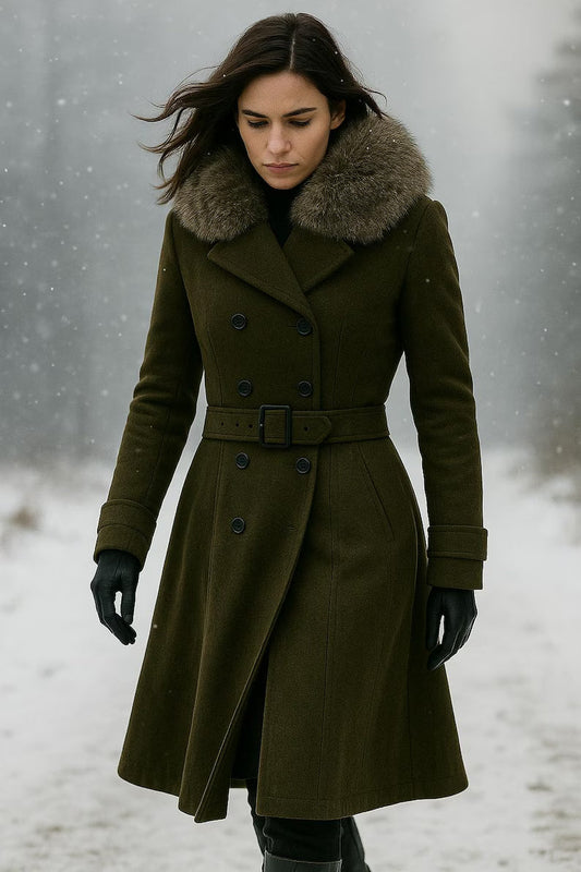 Handmade Wool Trench Coat: Olive Green, Fur Collar, Belted Winter Overcoat