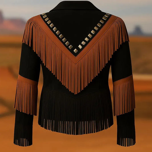 Women’s Vintage Cowgirl Fringe Jacket Brown Cowhide Western Leather Coat, Handmade Fringe Festival Outerwear