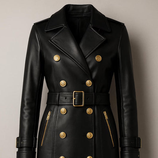 Handmade Black Leather Trench Coat: Gold Buttons, Belted Waist