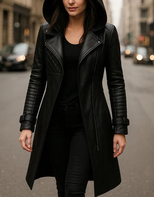 Handmade Black Leather Trench Coat: Quilted Hooded Winter Coat