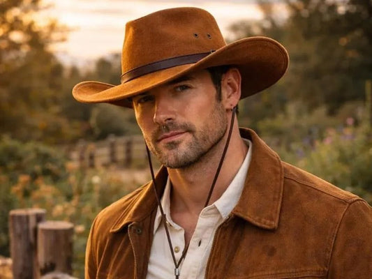 Brown Leather Cowboy Hat with Chin Strap – Western Wide Brim Outdoor Hat for Men
