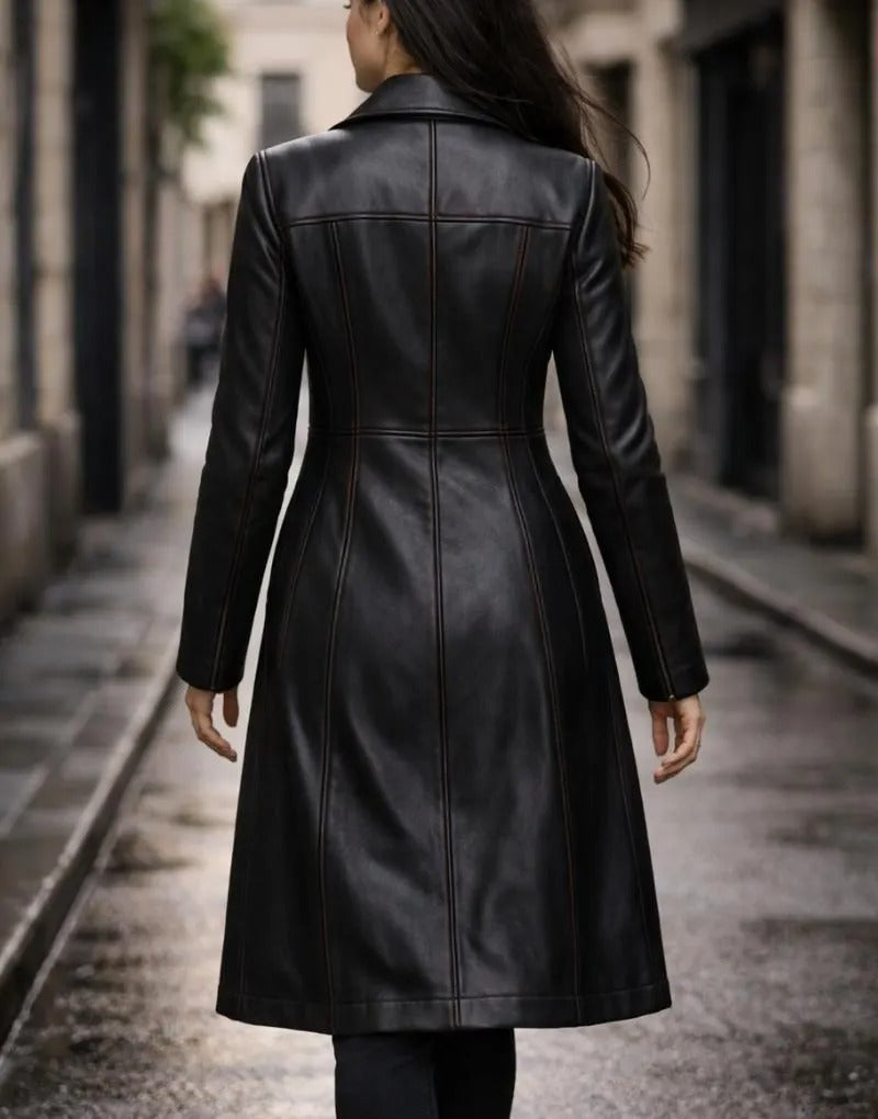 Women's Black Leather Trench Coat – Long Genuine Leather Jacket with Tailored Fit
