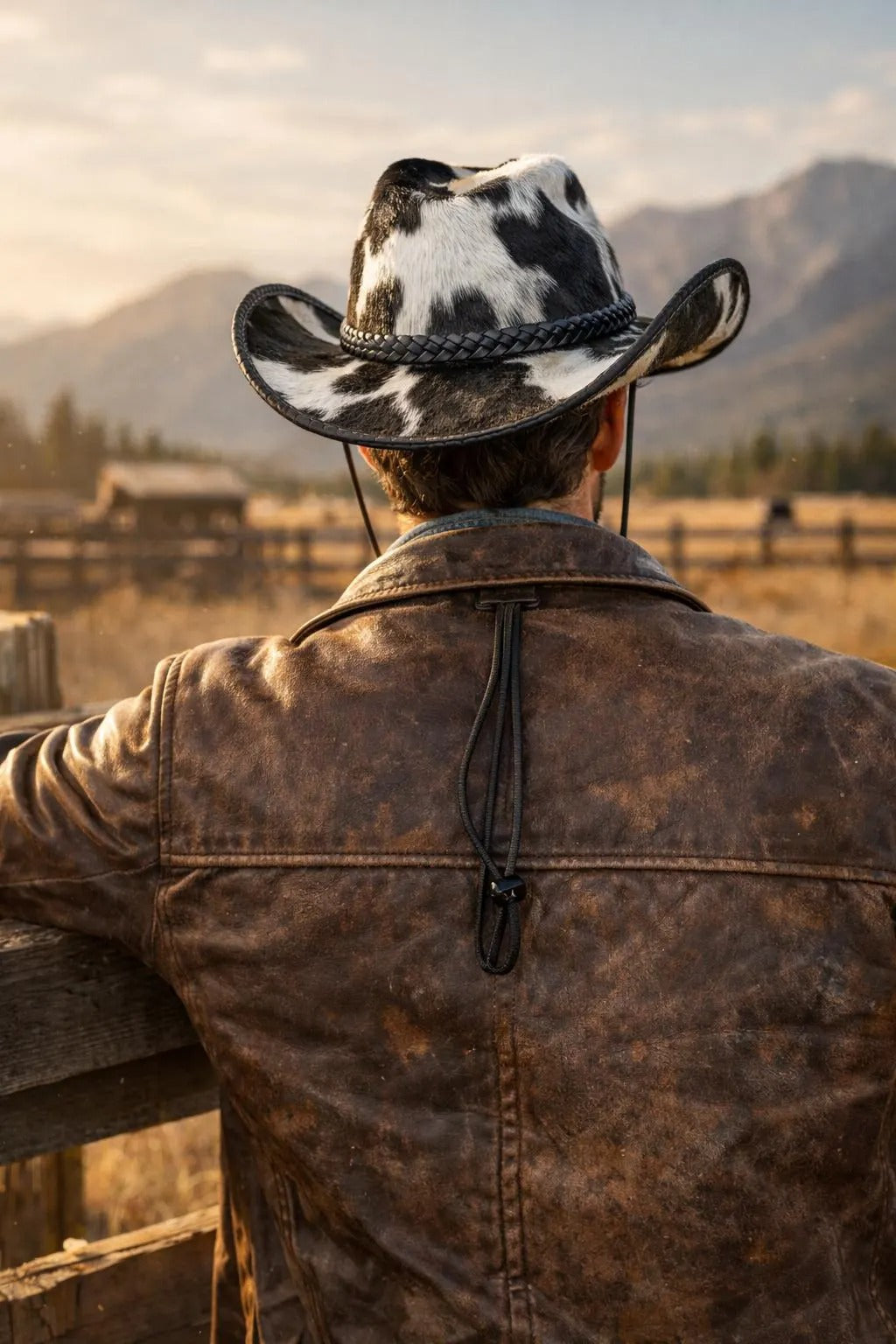Black & White Cowhide Cowboy Hat for Men Western Leather Hat with Chin Strap & Wide Brim