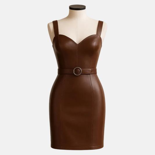 Handmade Brown Leather Bodycon Mini Dress: Belted Sleeveless Clubwear