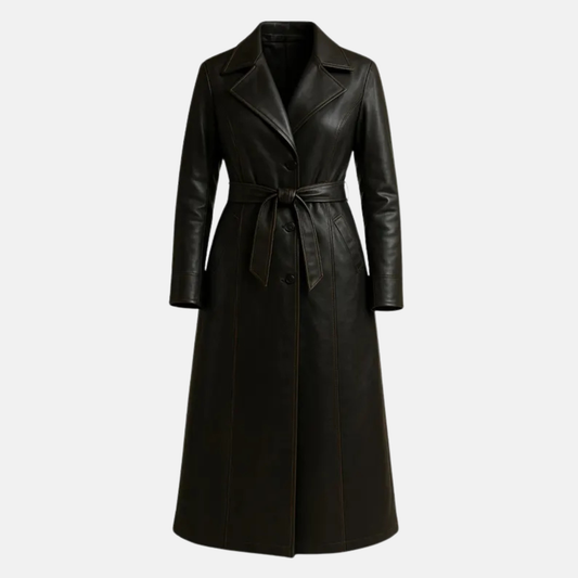 Women’s Long Leather Coat Handmade Belted Winter Trench Classic Full-Length Jacket