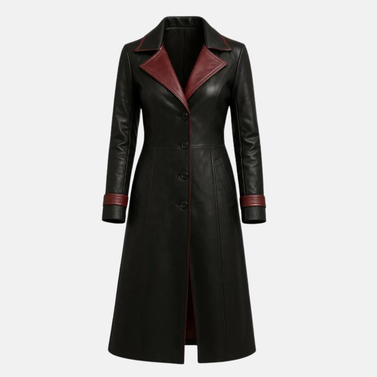 Women’s Black Leather Trench Coat – Handmade Long Overcoat, Dark Fantasy Style Jacket