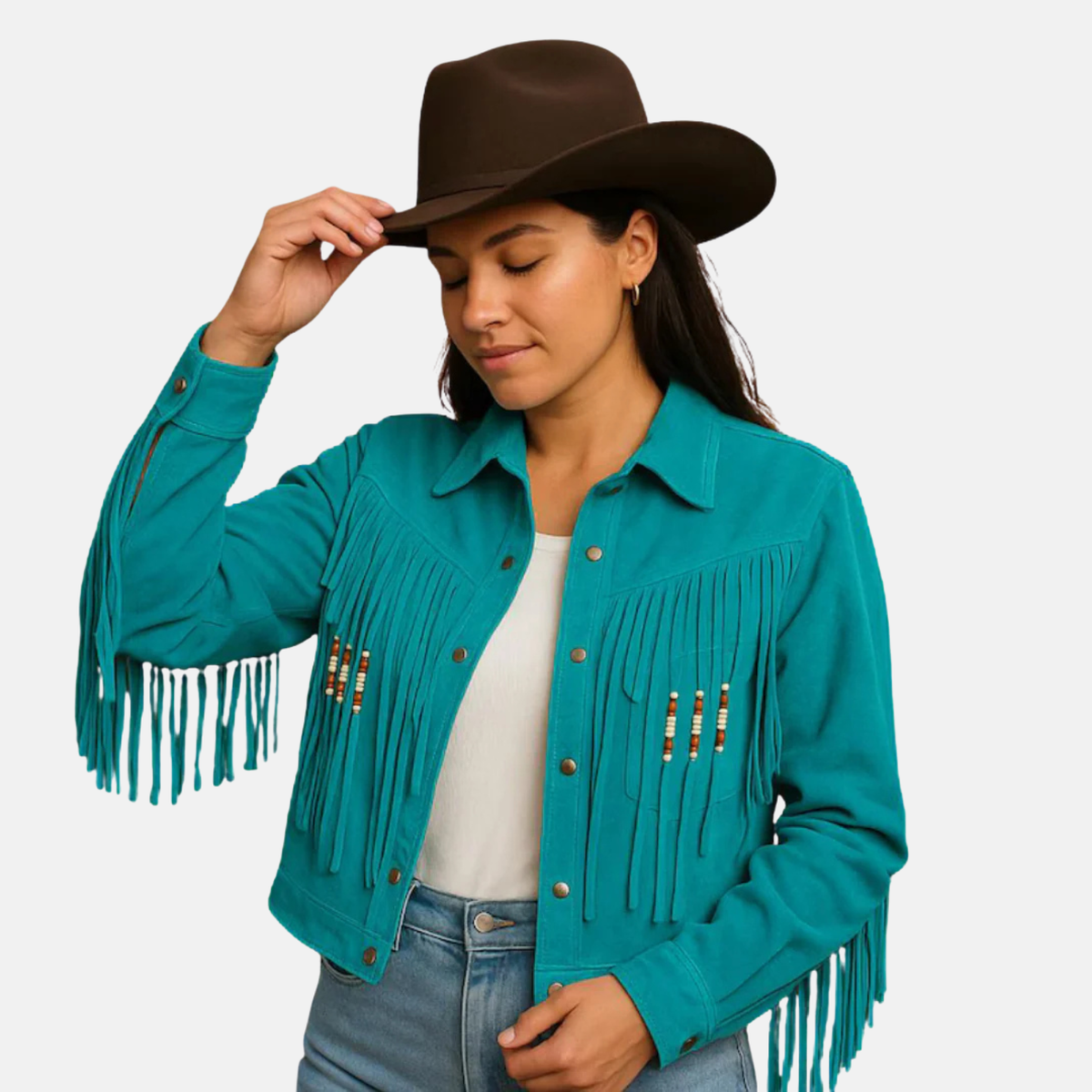 Handmade Leather Fringe Cowgirl Jacket: Beaded Western Rodeo Coat