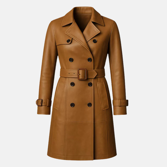 Women’s Handmade Genuine Leather Trench Coat – Long Belted Overcoat, Classic Luxury Outerwear