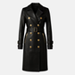 Handmade Black Leather Trench Coat: Gold Buttons, Belted Waist