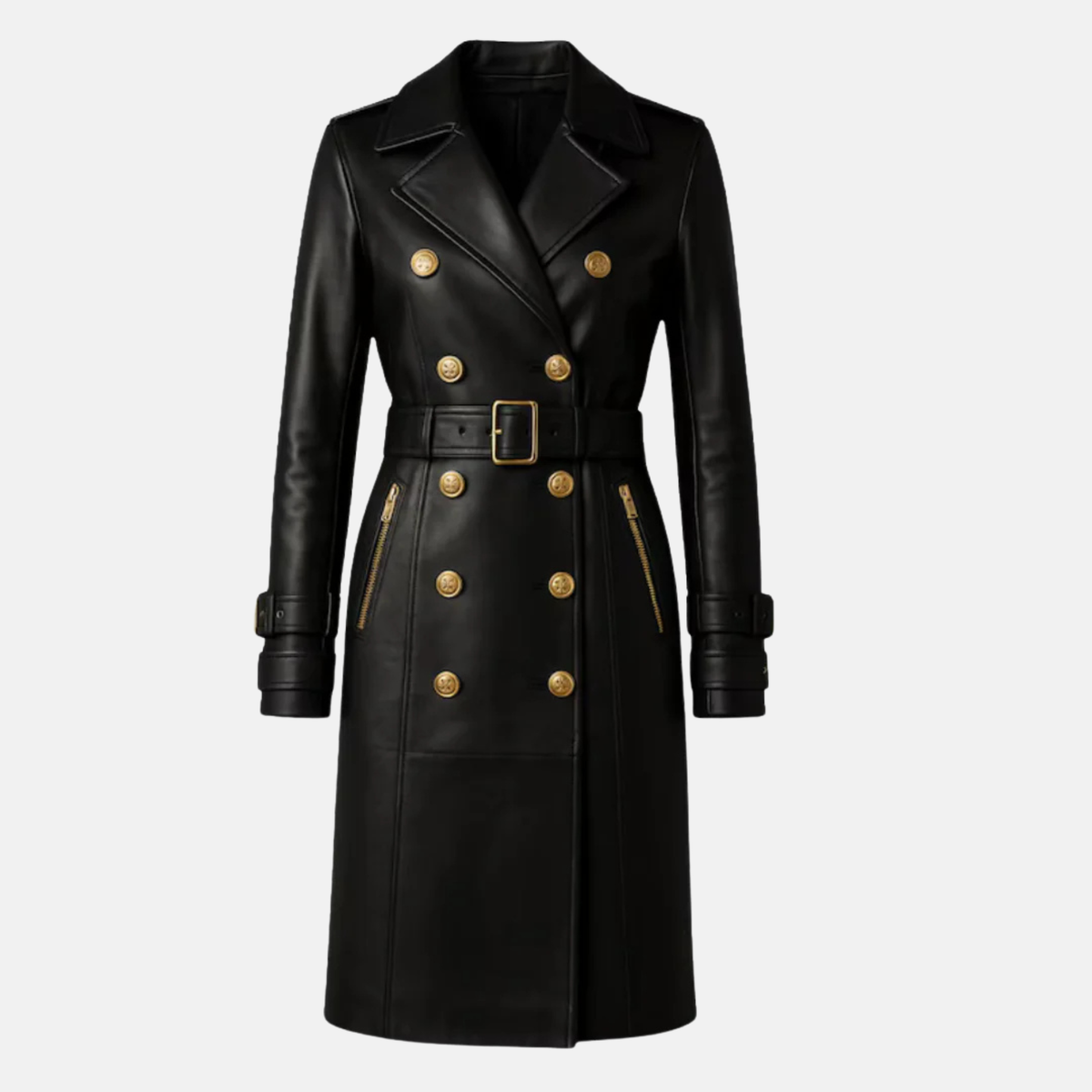 Handmade Black Leather Trench Coat: Gold Buttons, Belted Waist