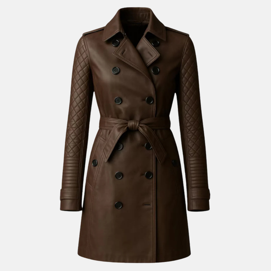 Handmade Brown Quilted Leather Trench Coat: Vintage Belted Overcoat