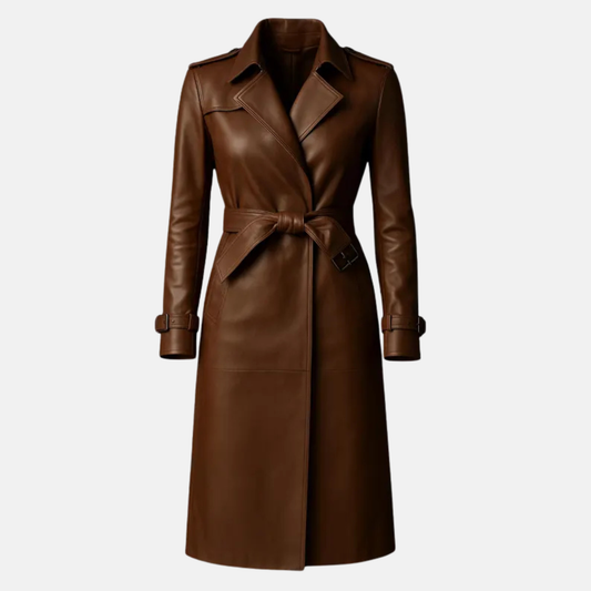 Women’s Brown Long Leather Trench Coat Handmade Genuine Leather Winter Overcoat, Vintage Belted Jacket