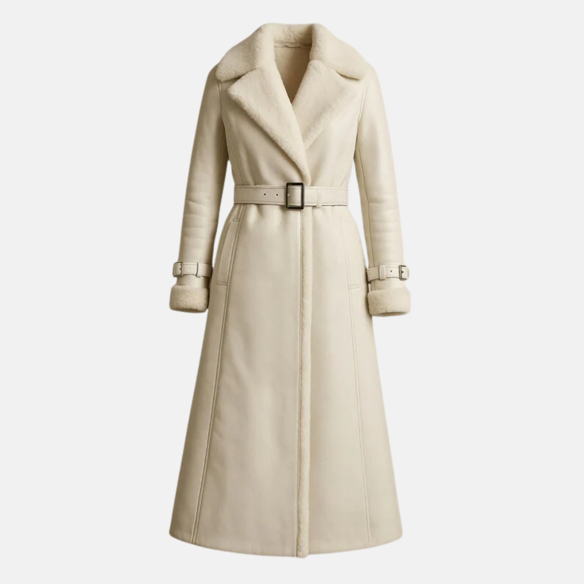 Vintage 90s White Leather Trench Coat: Fur Lined Military Style
