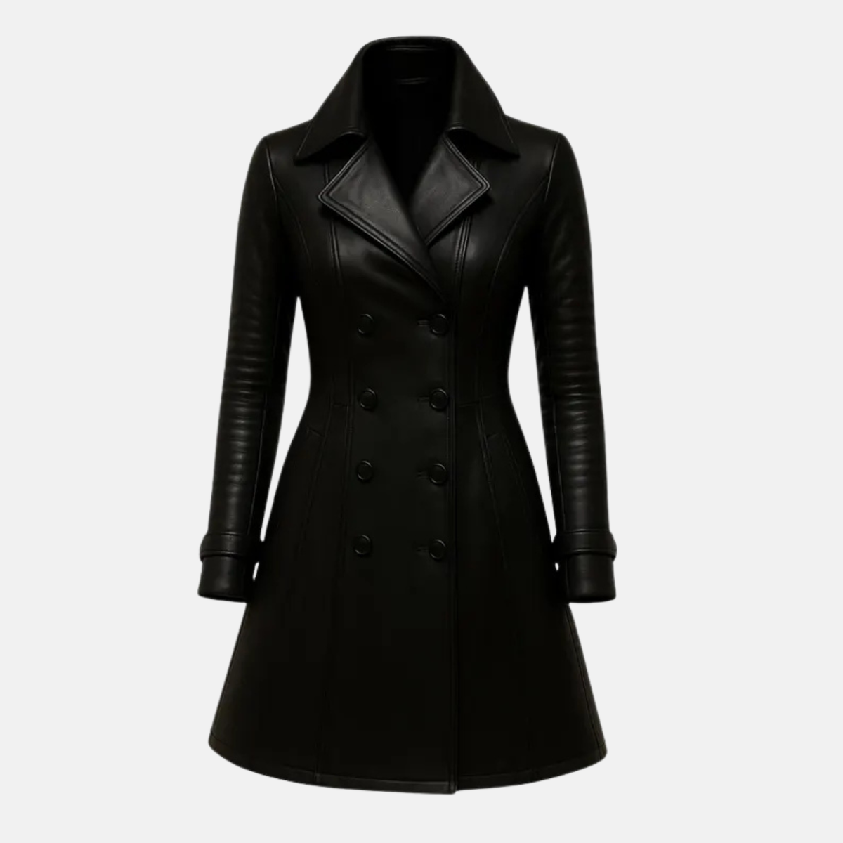 Handmade Women’s Black Leather Trench Coat – Vintage Long Jacket with High Collar, Genuine Leather