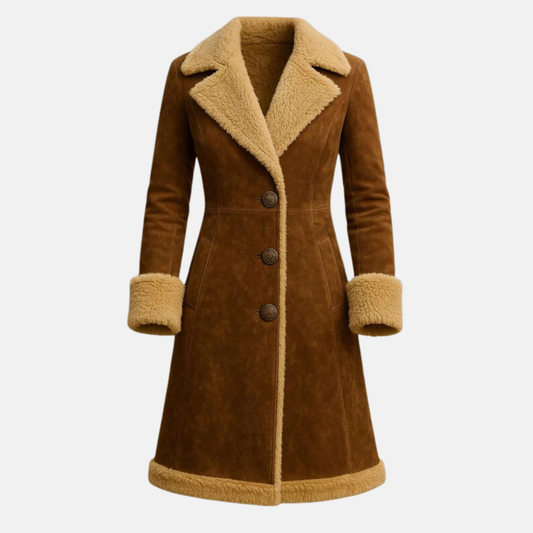 Women’s Brown Vintage Leather Trench Coat – Stylish Western Winter Long Coat, Warm Outdoor Wear