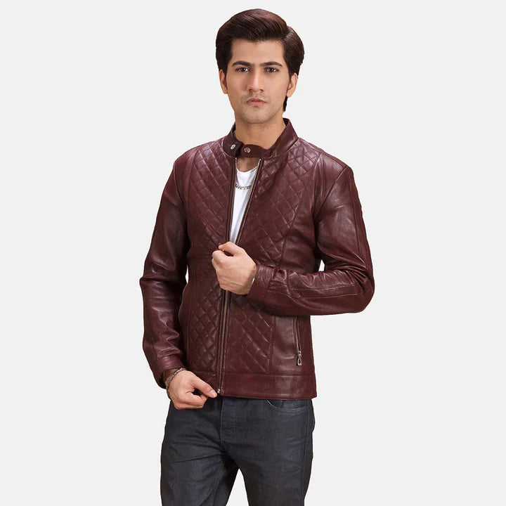 Mens Burgunn Dee Maroon Leather Biker Jacket