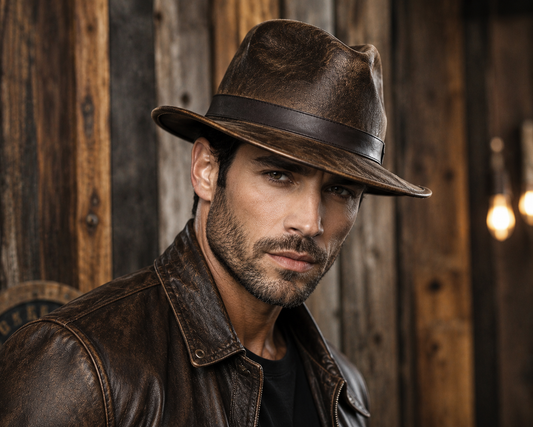 Vintage Brown Leather Fedora Hat for Men Distressed Wide Brim Western Fedora