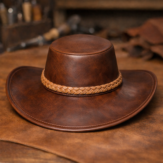 Vintage Brown Leather Cowboy Hat – Wide Brim Western Hat with Braided Band for Men & Women