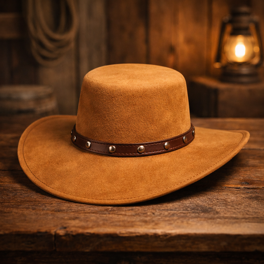 Tan Suede Cowboy Hat for Men & Women – Wide Brim Western Hat with Studded Leather Band